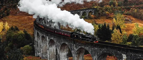 The iconic Glenfinnan Viaduct in the Western Highlands, famously featured in the Harry Potter films