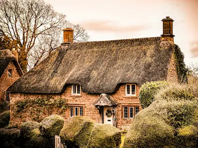 Brunswick, a charming thatched roof cottage nestled among beautifully manicured bushes, creating a picturesque scene.
